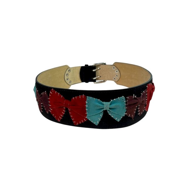 Betsey Johnson Black Suede Wide Bow Belt w/ Multicolor Bows & Studding, Size S main image 8